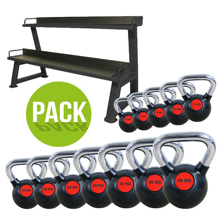 PACK RACK LARGE + KETTLEBELL NOIR ET ROUGE 4KG A 40KG